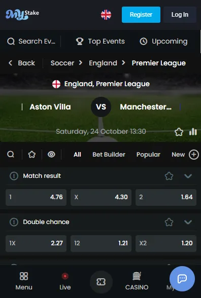 MyStake mobile casino and sportsbook interface