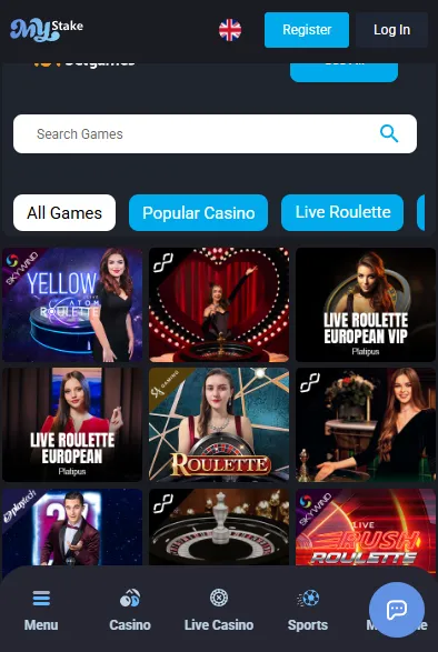 MyStake mobile casino games interface