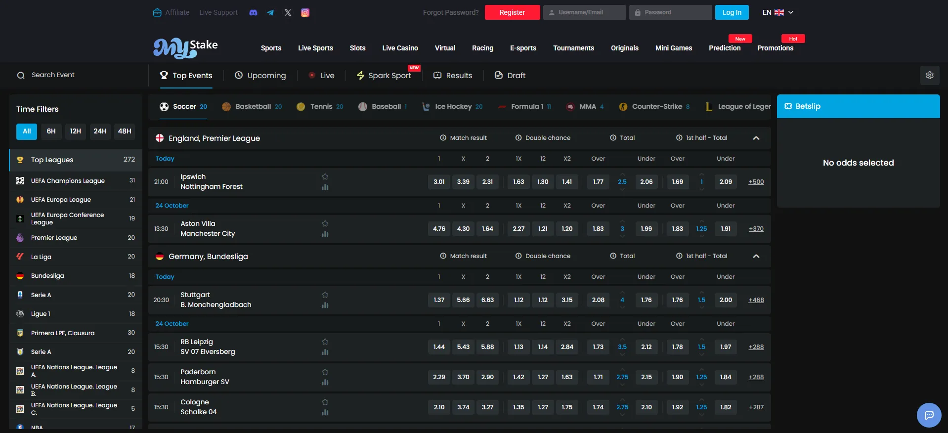 MyStake sportsbook with sports, odds and live betting